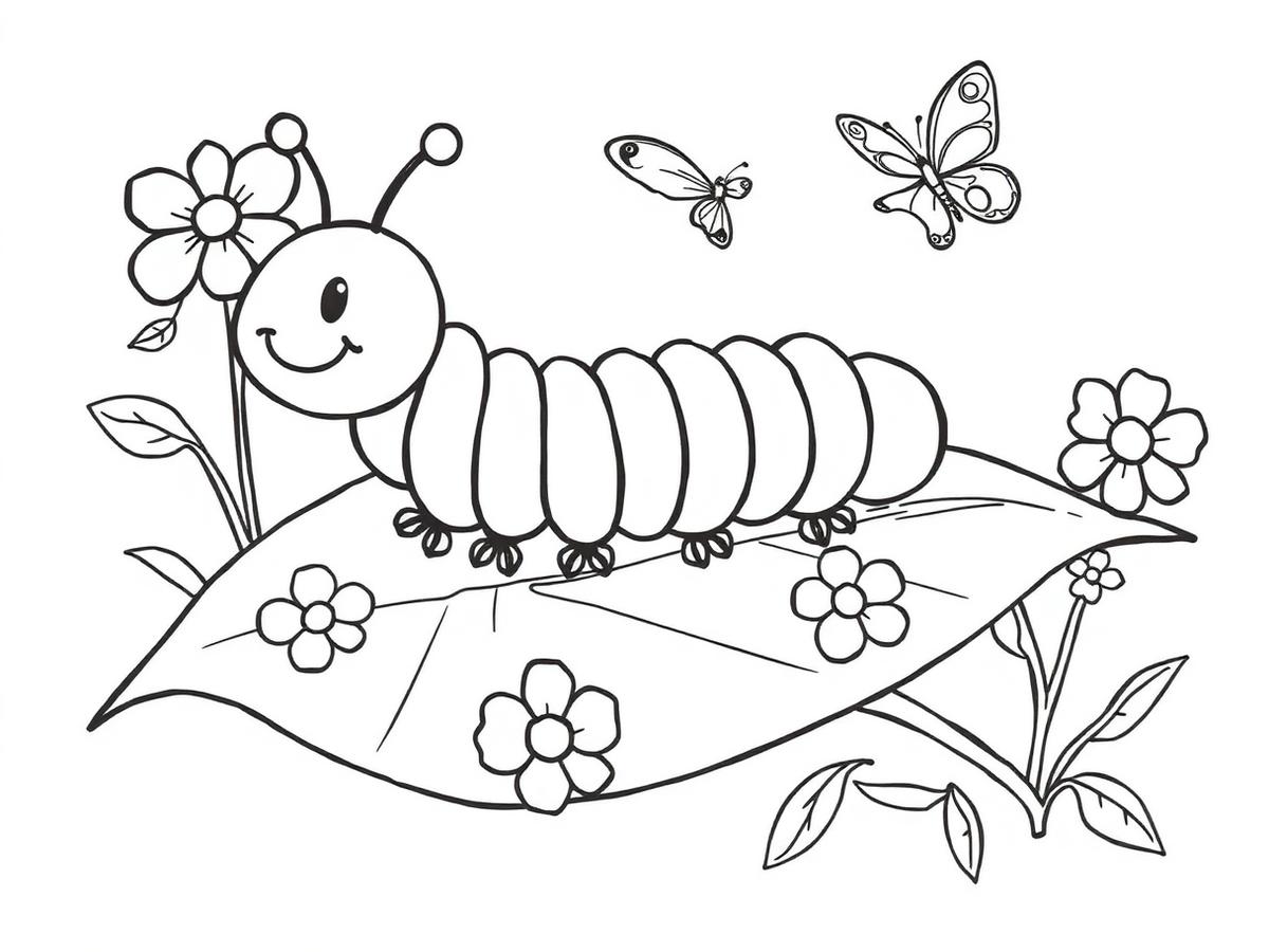 Coloring page outline of a caterpillar on a leaf with flowers