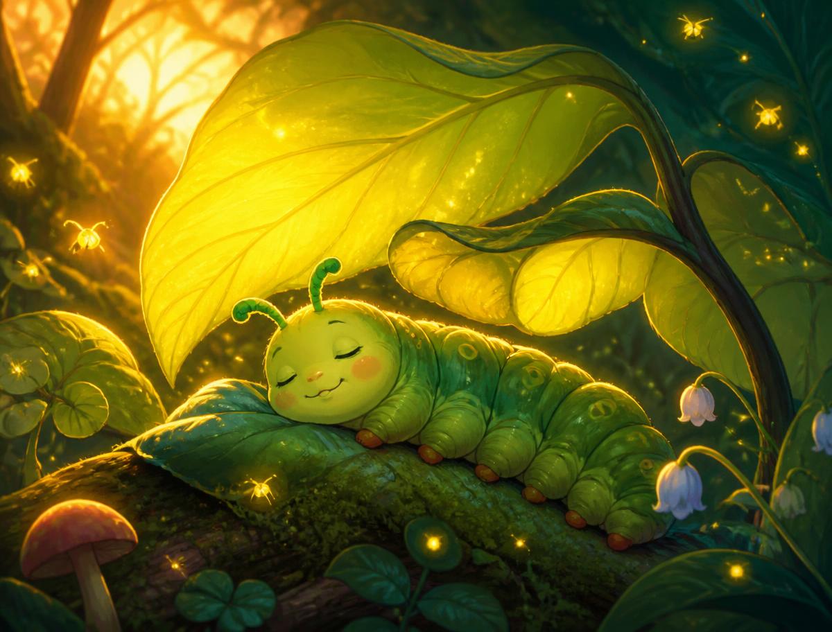 Cathy the caterpillar resting peacefully under glowing leaves